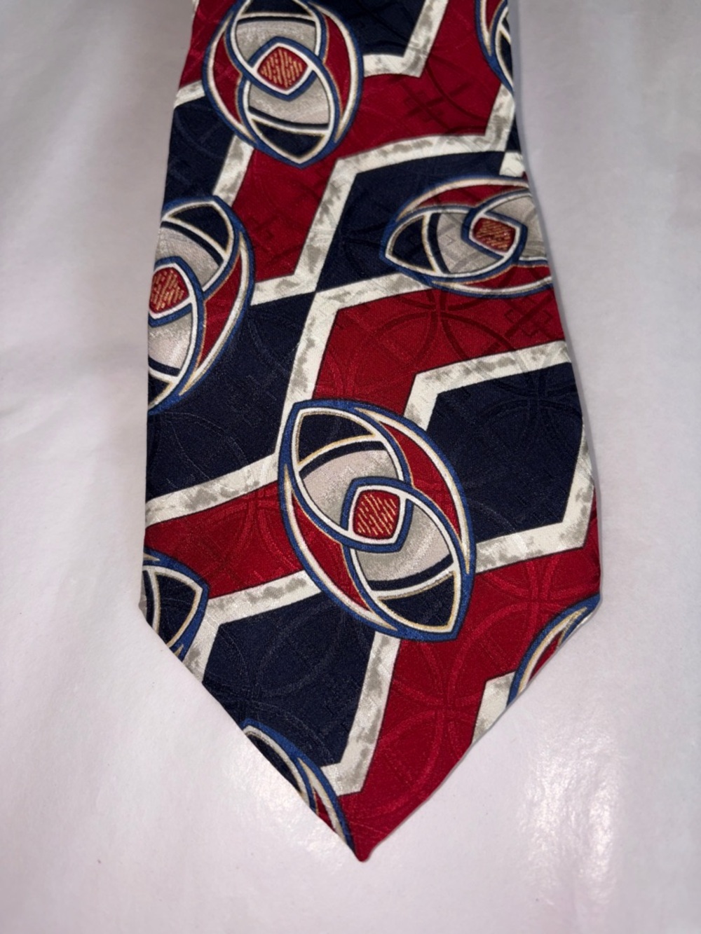 Geoffrey Beene Red, Navy and Silver Geometric Silk Tie - Picture 3 of 6